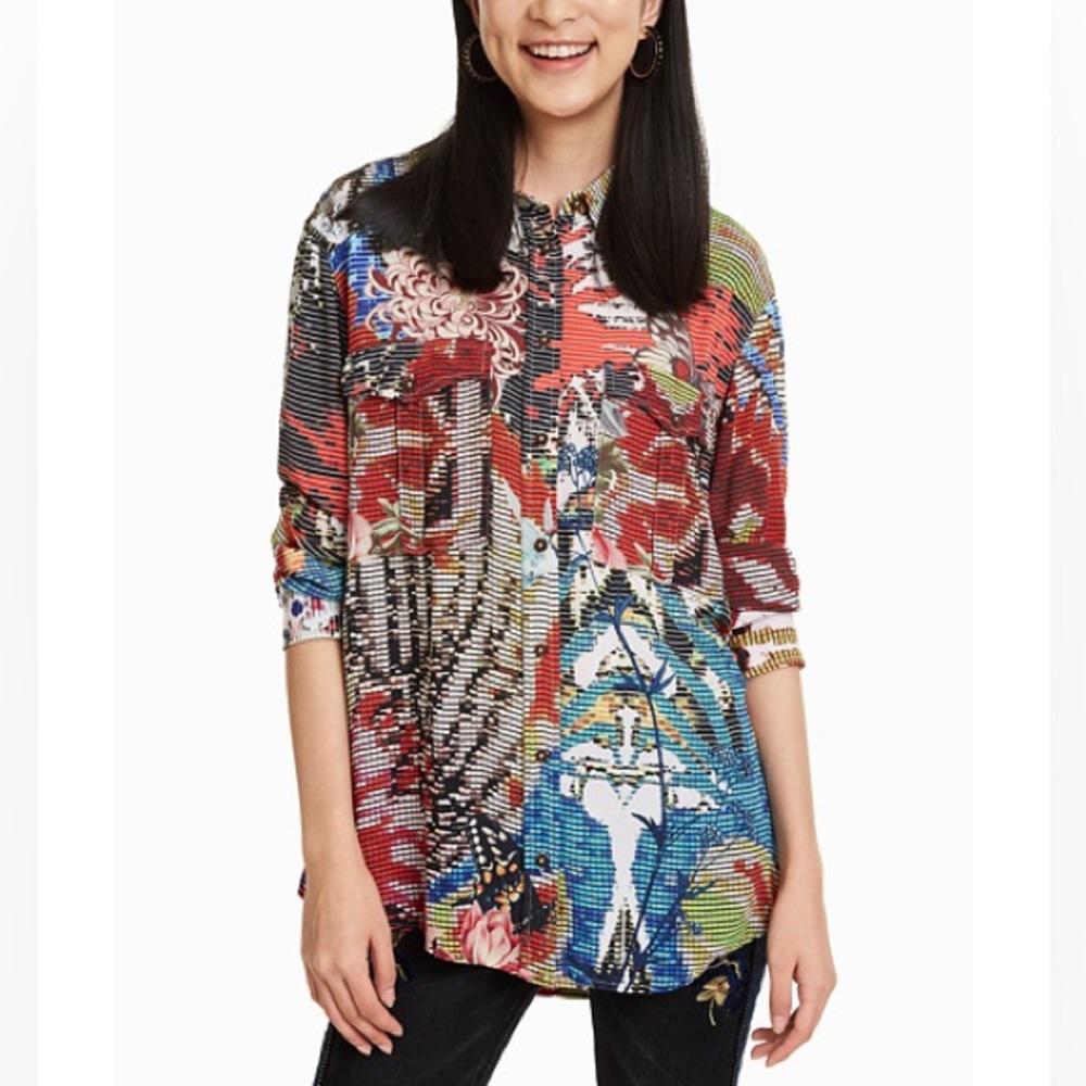 Desigual Overprinted Long Sleeve Button Down High-Low Shirt Blouse M Artsy Boho